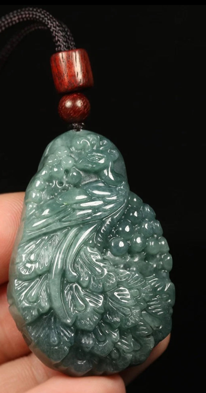 VINTAGE Certified Jadeite Green Jade Peacock Pendant w/ Adjustable Chord G270 - JazzyJewelbyAmina