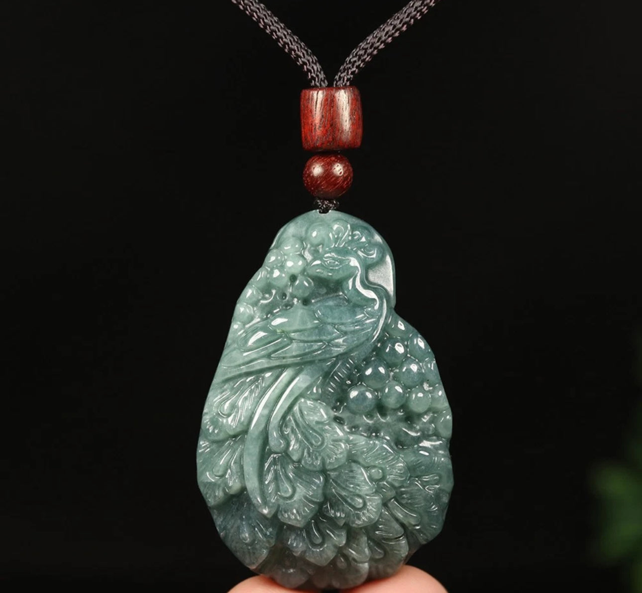 VINTAGE Certified Jadeite Green Jade Peacock Pendant w/ Adjustable Chord G270 - JazzyJewelbyAmina