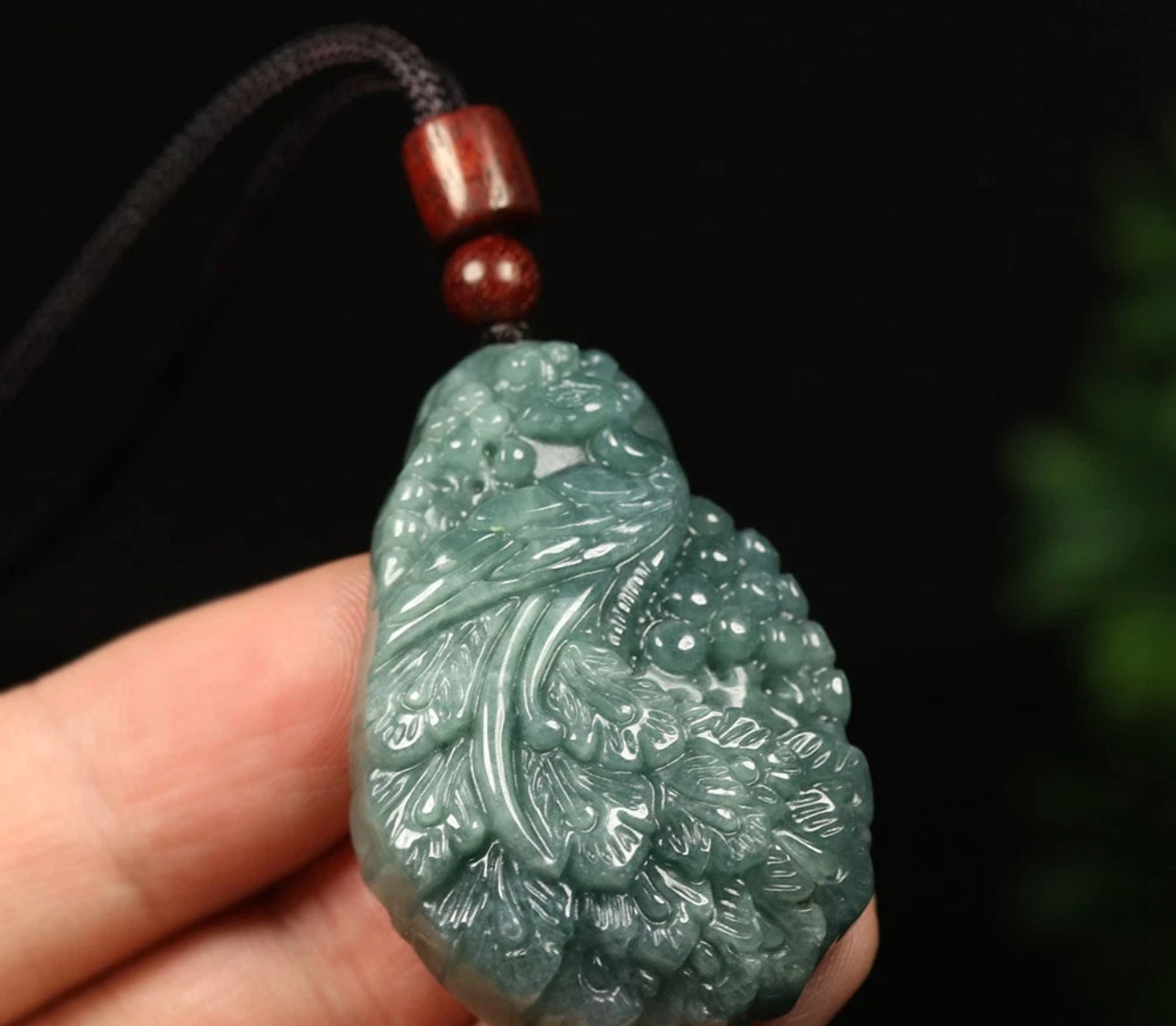 VINTAGE Certified Jadeite Green Jade Peacock Pendant w/ Adjustable Chord G270 - JazzyJewelbyAmina