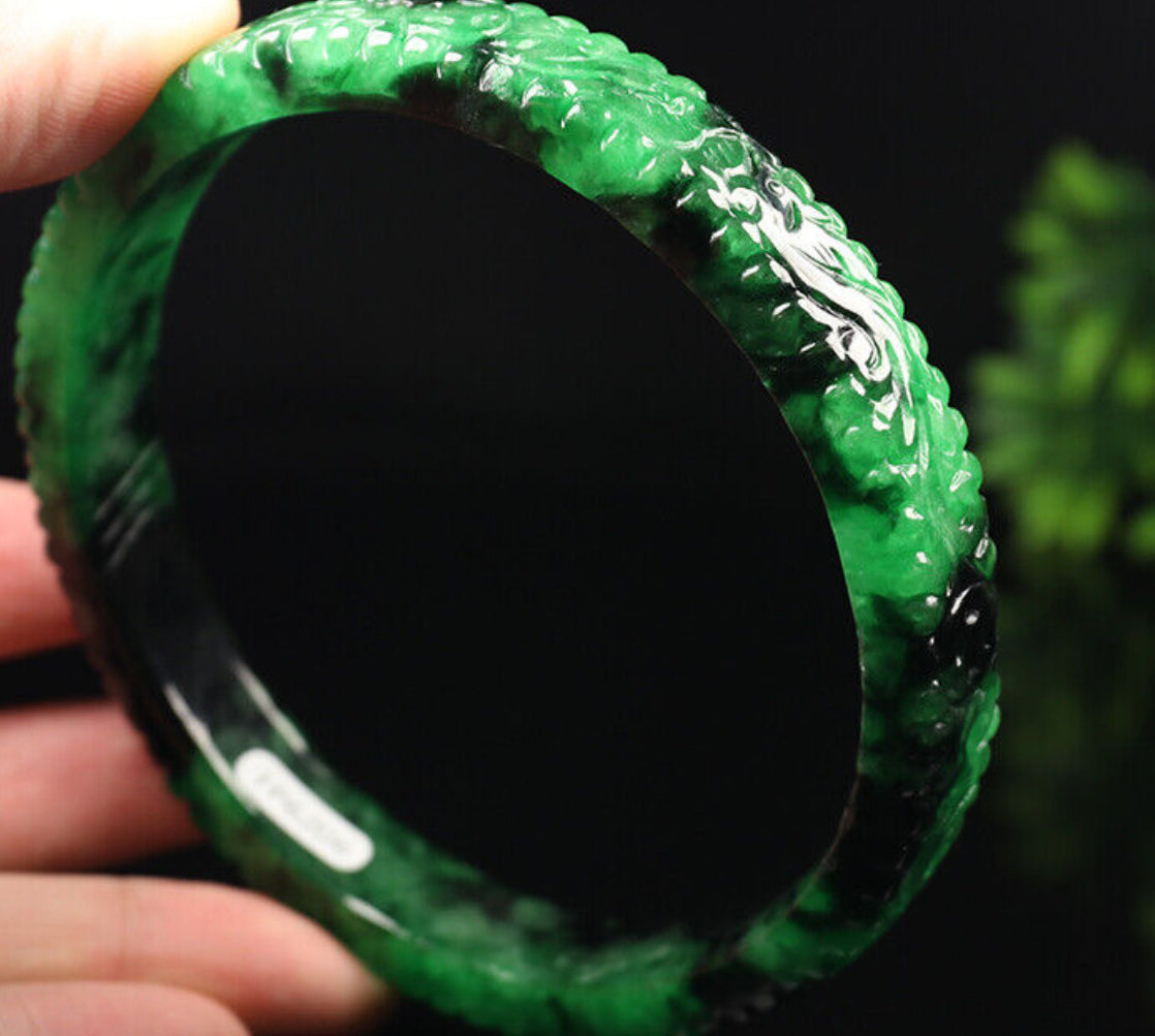 VINTAGE XXL Jadeite Green/Black Jade Bangle Size Hand-Carved Dragon Phoenix 82mm D465 Fine Jade Unique Piece! - JazzyJewelbyAmina