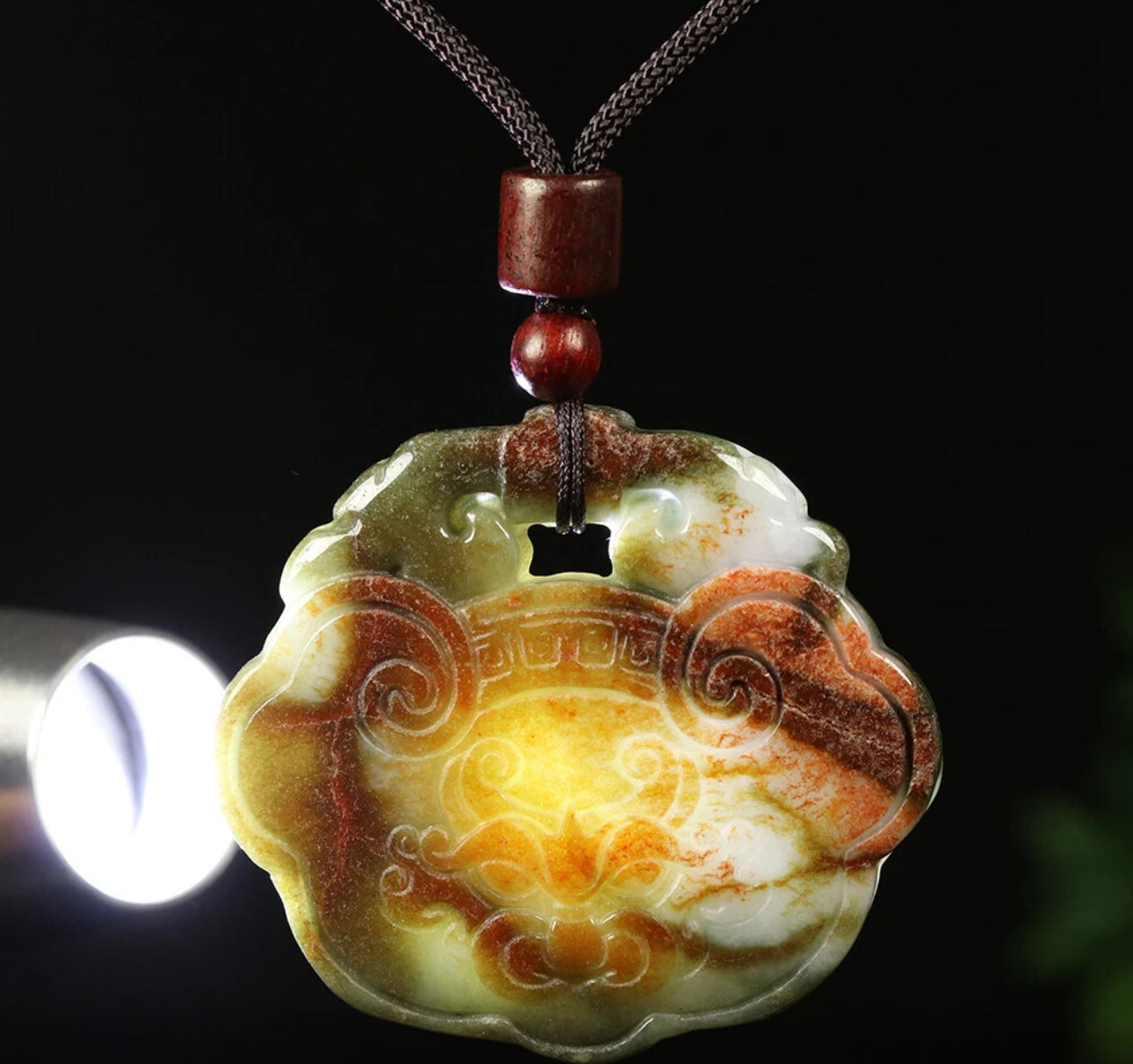 VINTAGE Jadeite Green Red Jade Pendant Handcarved Dragon Amulet w/ Adjustable Chord (removable) Certified Jade