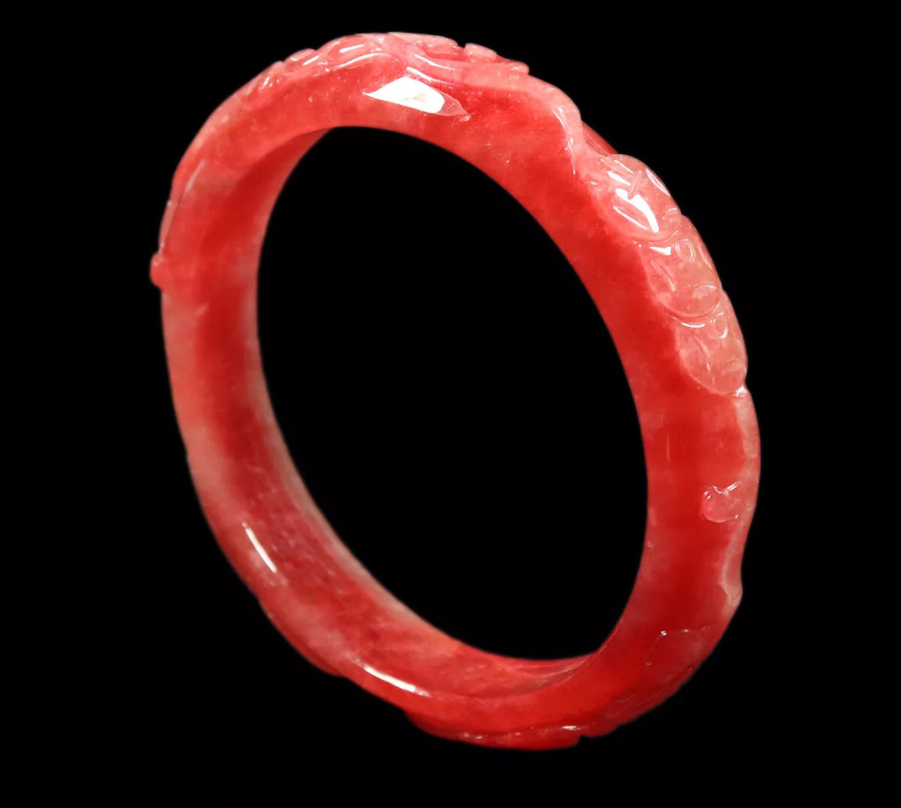VINTAGE XL Jadeite Red Jade Bangle Handcarved FLOWER Size 65mm S631 - JazzyJewelbyAmina
