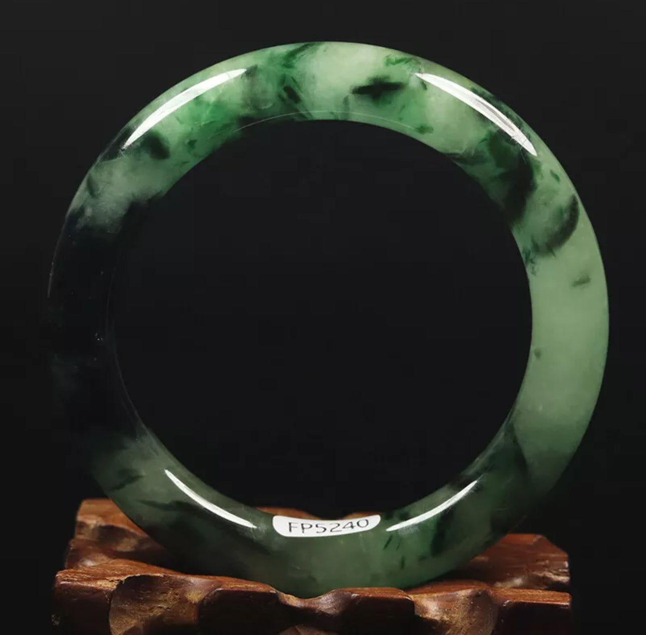VINTAGE Medium Jadeite Green / Black Jade Bangle Size 57mm Round Princess Cut O533 - JazzyJewelbyAmina