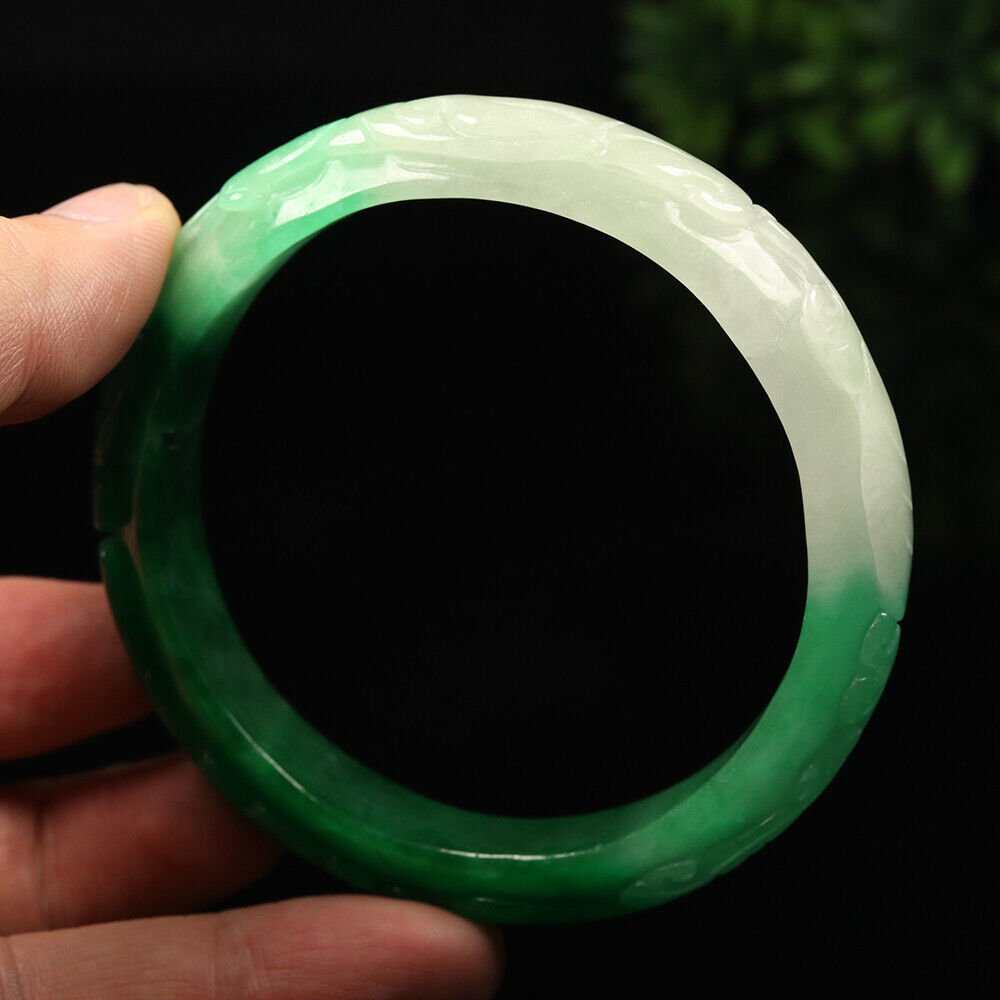 VINTAGE XL Jadeite Green/White Handcarved Bat Ruyi Lotus Jade Bangle - Ombré Jade Shades “As You Wish” Size 64mm F425 - JazzyJewelbyAmina