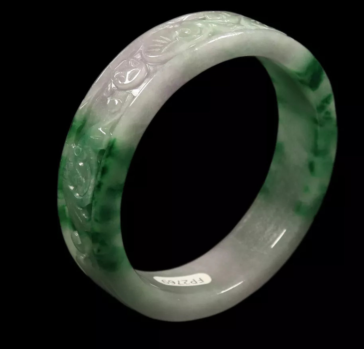 VINTAGE Medium Jadeite White/Green Hand- Carved Jade Bangle Size 59mm Ruyi Lotus A591 - JazzyJewelbyAmina