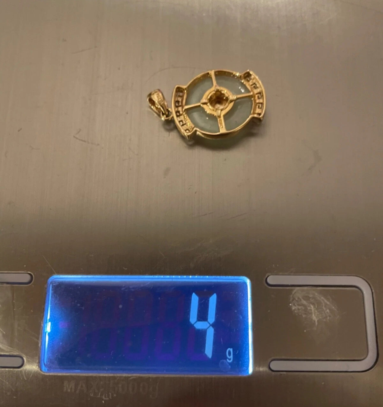 VINTAGE 14k Gold Jade Round Pi Disc Pendant Greek Key - Rare Find!