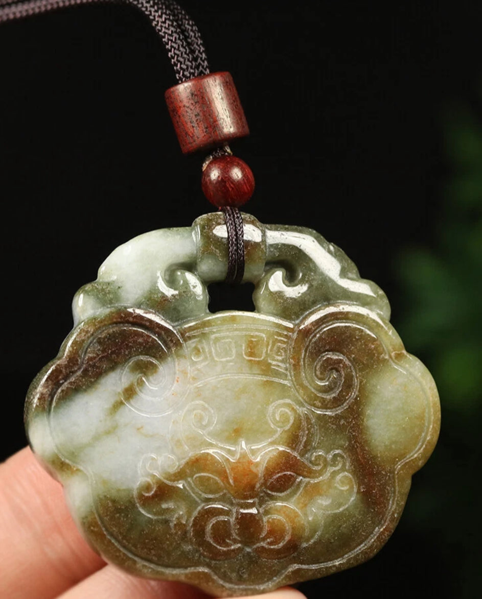 VINTAGE Jadeite Green Red Jade Pendant Handcarved Dragon Amulet w/ Adjustable Chord (removable) Certified Jade