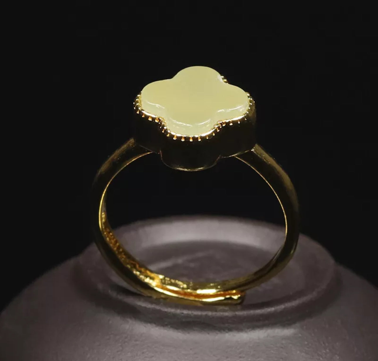 Certified Green Nephrite Jade Clover Ring Adjustable Good Plated Band - Prosperity Piece! - JazzyJewelbyAmina