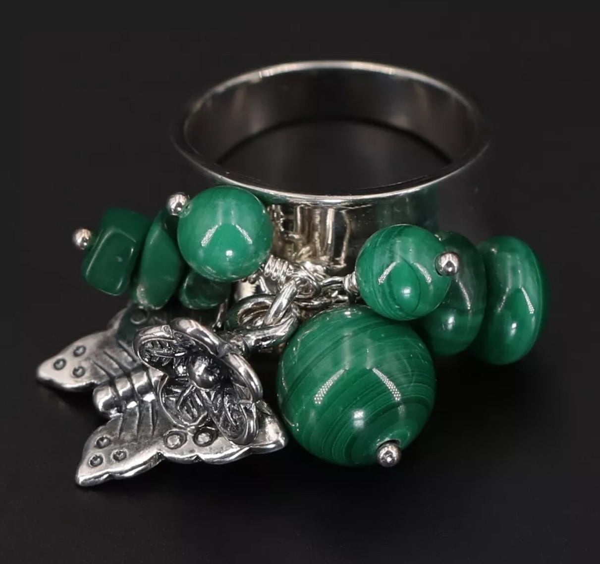 VINTAGE Sterling Silver (marked 925) Malachite Butterfly Charm Ring Size 8US - JazzyJewelbyAmina