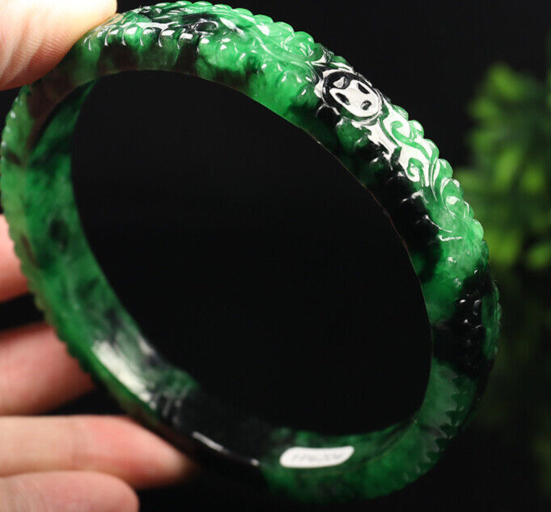 VINTAGE XXL Jadeite Green/Black Jade Bangle Size Hand-Carved Dragon Phoenix 82mm D465 Fine Jade Unique Piece! - JazzyJewelbyAmina