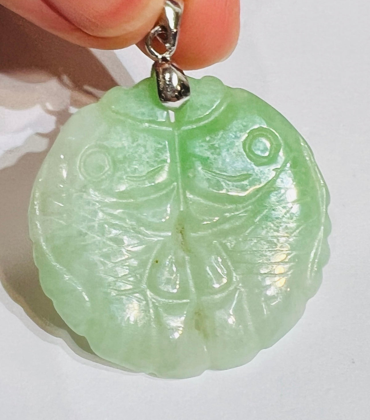 VINTAGE Owned Jadeite Green Jade Double Fish Pendant Silver Tone Bail - JazzyJewelbyAmina