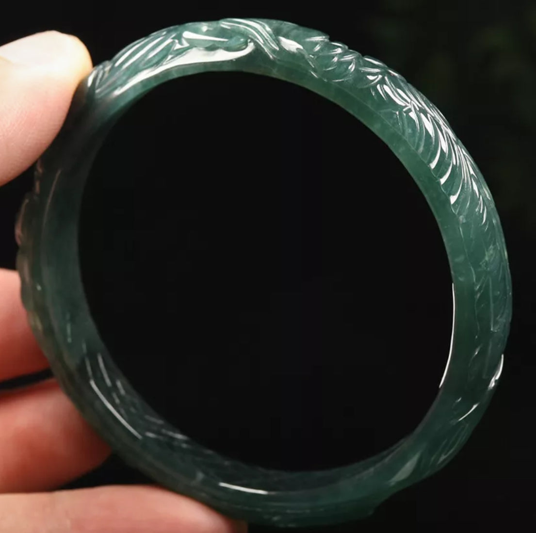 VINTAGE Large Certified Jadeite Green Jade Bangle Size 60mm HandCarved Dragone Phoenix Jade - Brings Harmony G819 - JazzyJewelbyAmina