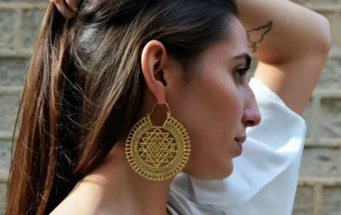 Handmade BOHO Brass Pyramid Large Round Drop Earrings - JazzyJewelbyAmina
