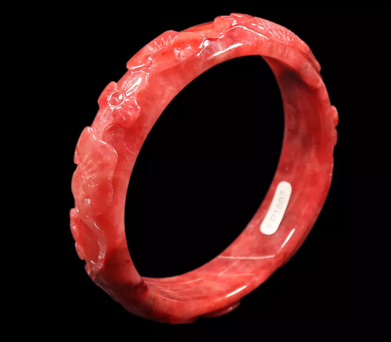 VINTAGE XL Jadeite Red Jade Bangle Size 65mm Hand Carved Ruyi Fish Lotus Flower D827 - JazzyJewelbyAmina