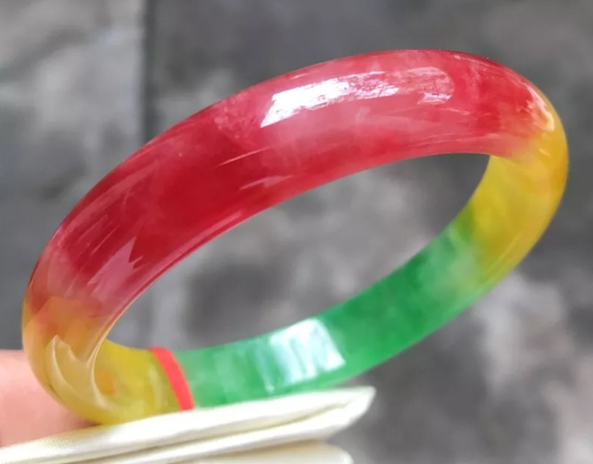 VINTAGE Large Jadeite Green/Red/Yellow Jade Bangle Size 62.8mm Unique Trio Jade Shades D191 - JazzyJewelbyAmina