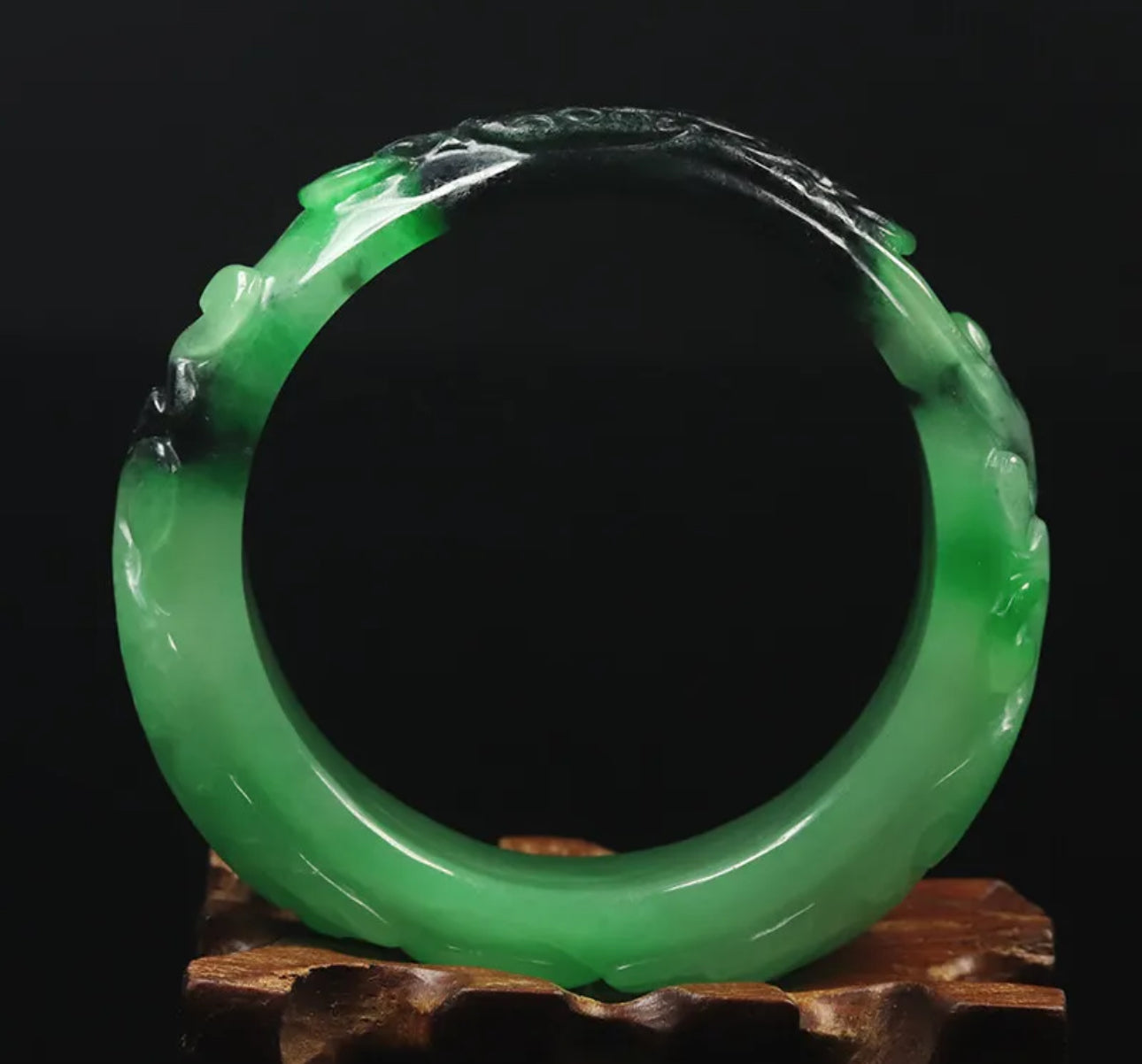 VINTAGE Small Jadeite Green/Black Jade Bangle - Handcarved Dragons Represents the Wood Dragon Chinese Lunar Year! Size 56mm F767 - JazzyJewelbyAmina