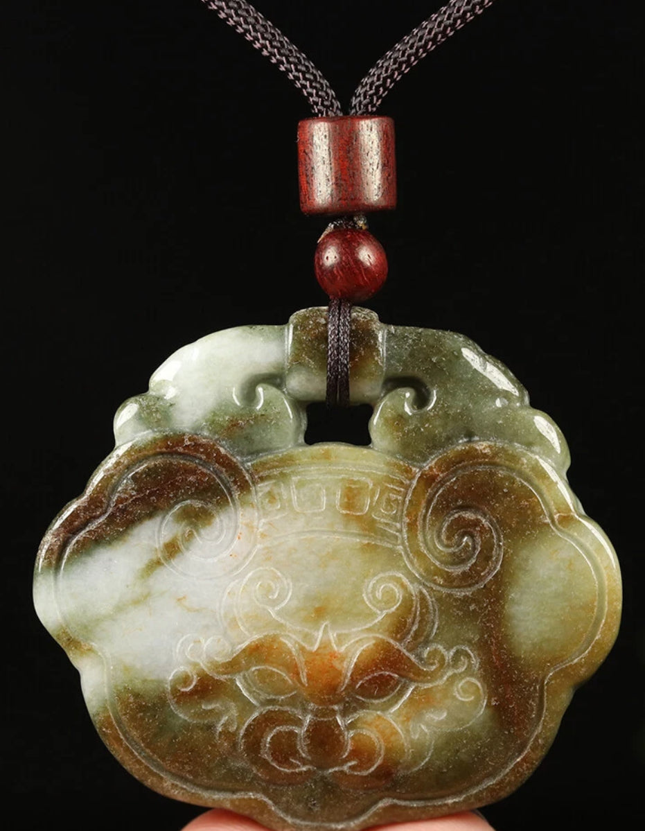 VINTAGE Jadeite Green Red Jade Pendant Handcarved Dragon Amulet w/ Adjustable Chord (removable) Certified Jade