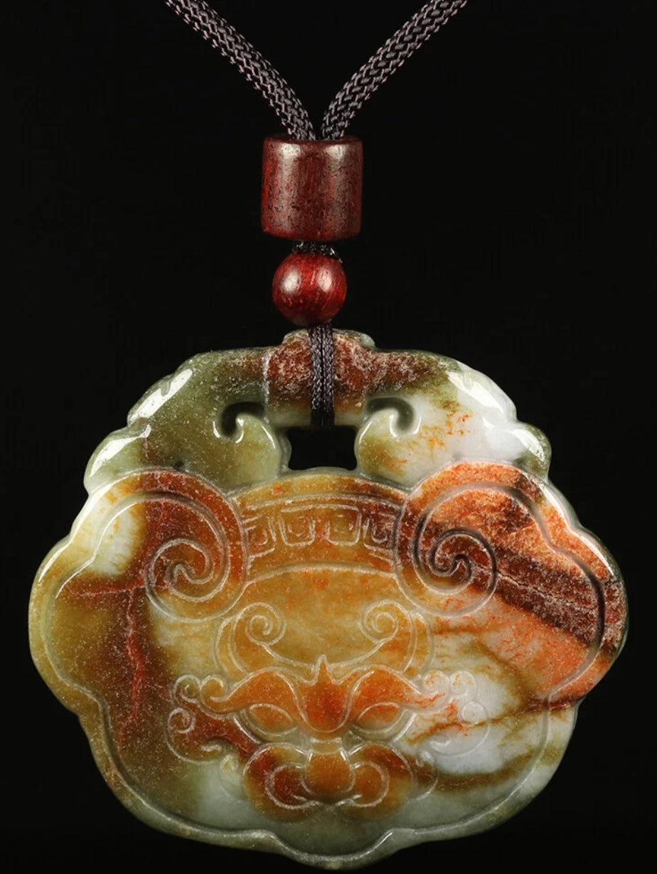 VINTAGE Jadeite Green Red Jade Pendant Handcarved Dragon Amulet w/ Adjustable Chord (removable) Certified Jade