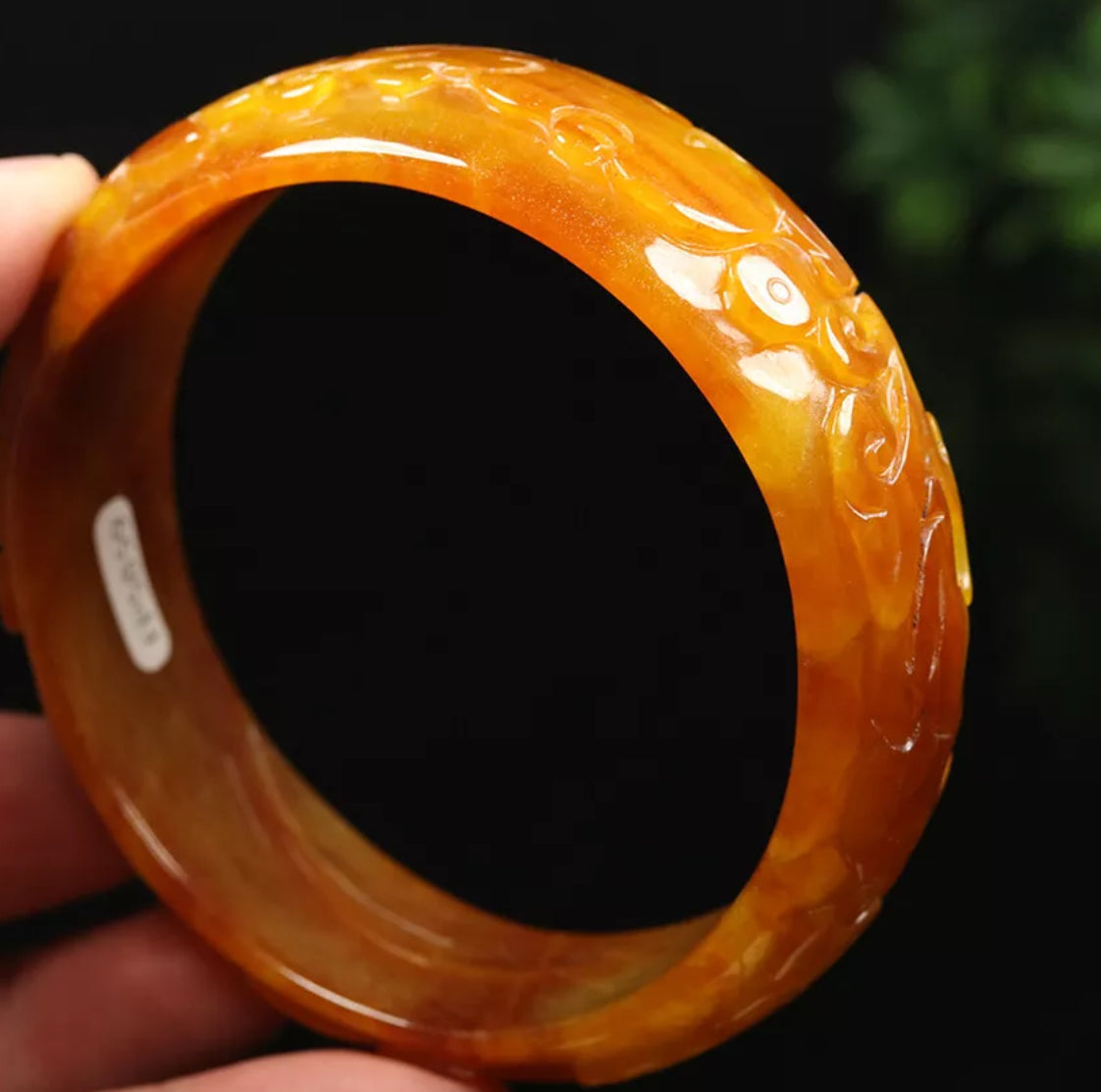 VINTAGE XXL Jadeite Yellow/Brown Jade Bangle Hand Carved Dragon Phoenix from Burma Size 68 mm M771 - JazzyJewelbyAmina