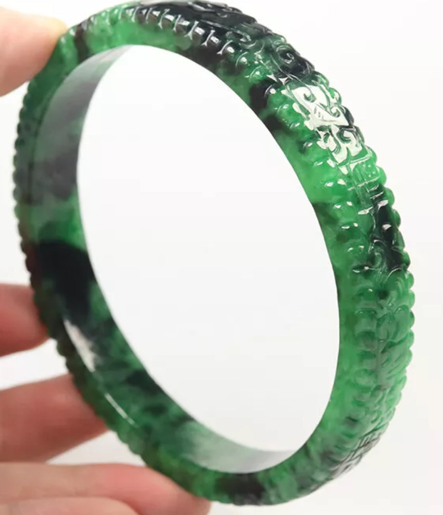 VINTAGE XXL Jadeite Green/Black Jade Bangle Size 82mm Handcarved Dragon Phoenix F451 - JazzyJewelbyAmina