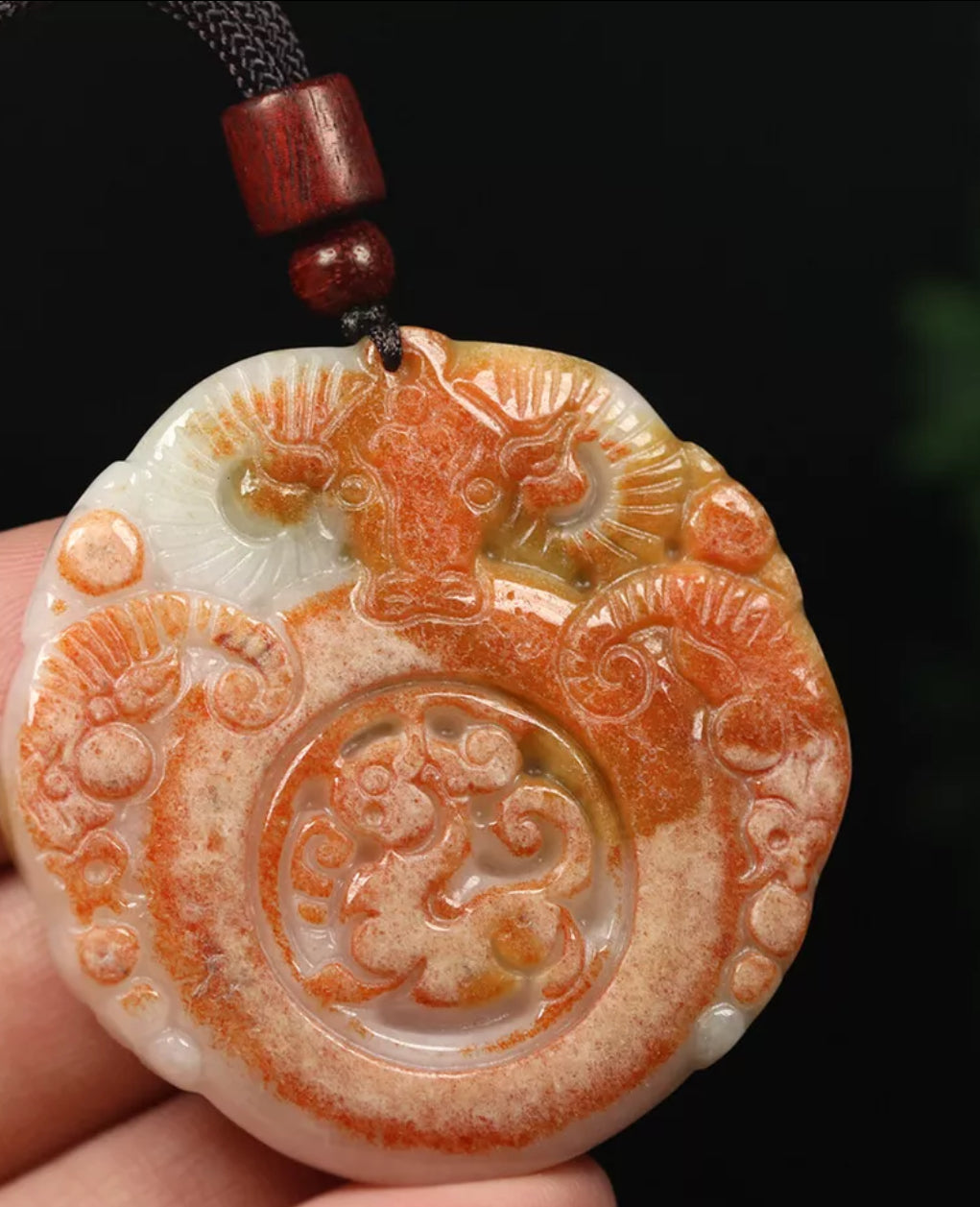 VINTAGE Red Brown Jadeite Green Jade Pendant Hand-carved Ox Dragon - Fine Unique Jade D883 - JazzyJewelbyAmina