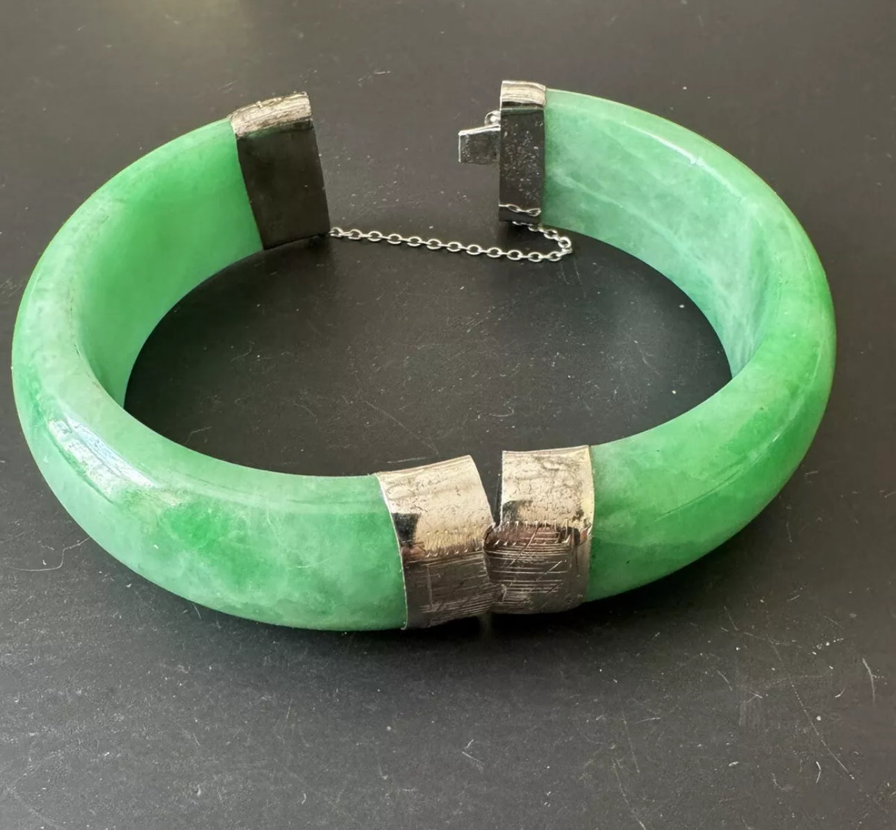VINTAGE Medium Jadeite Green Jade Bangle Size 58mm Hinged Closure Sterling Silver Apple Green Jade! D1230 - JazzyJewelbyAmina