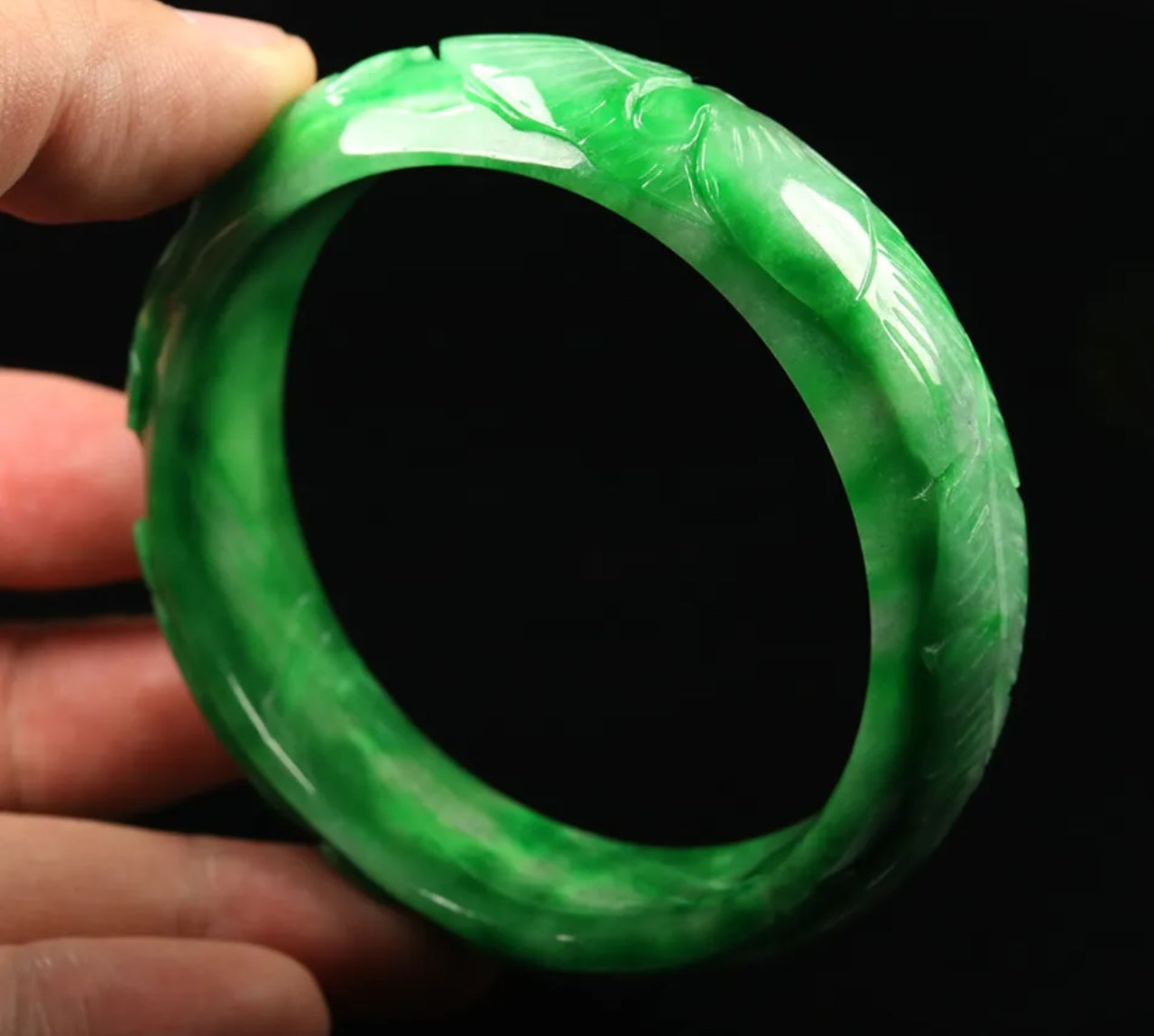 VINTAGE Large Jadeite Green Jade Bangle Hand-carved Dragon Phoenix Chinese Lunar Size 63mm M059 - JazzyJewelbyAmina
