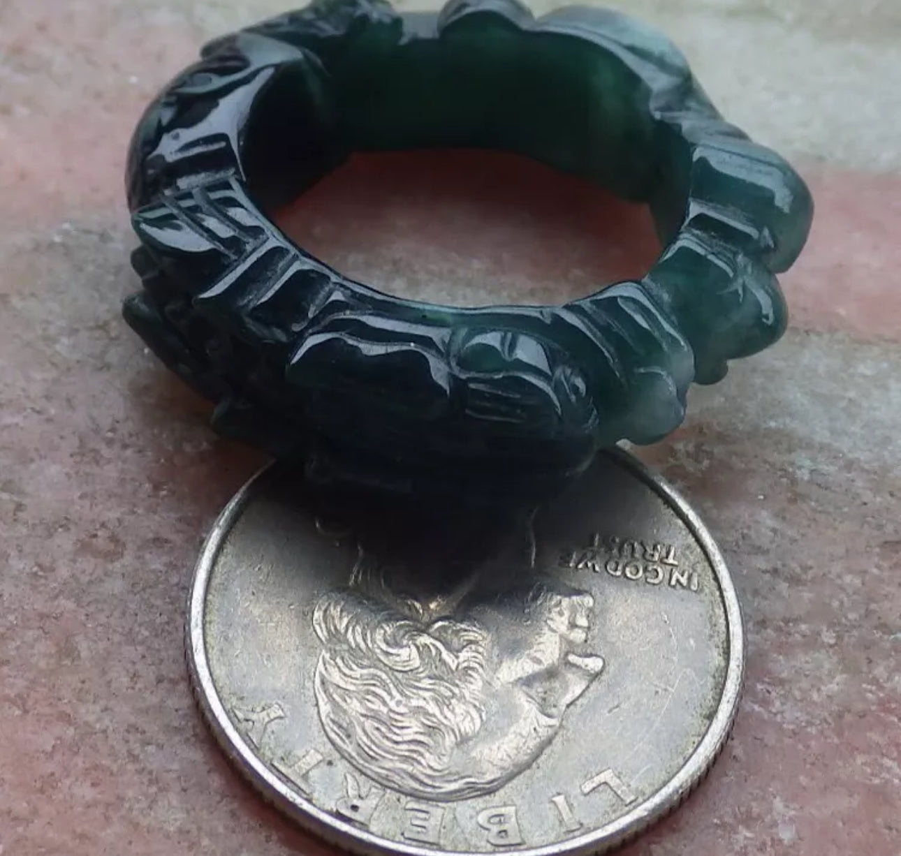 VINTAGE Large Jadeite Green Jade Ring Hand Carved Dragon Certified Jade Size 10 - JazzyJewelbyAmina