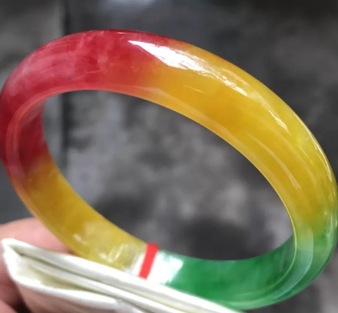 VINTAGE Large Jadeite Green/Red/Yellow Jade Bangle Size 62.8mm Unique Trio Jade Shades D191 - JazzyJewelbyAmina