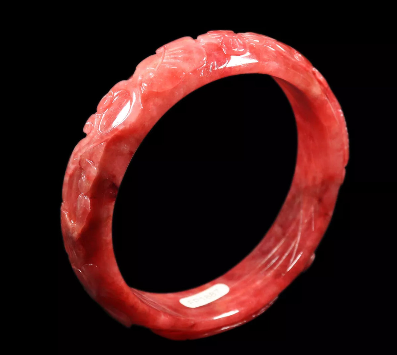 VINTAGE XL Jadeite Red Jade Bangle Size 65mm Hand Carved Ruyi Fish Lotus Flower D827 - JazzyJewelbyAmina
