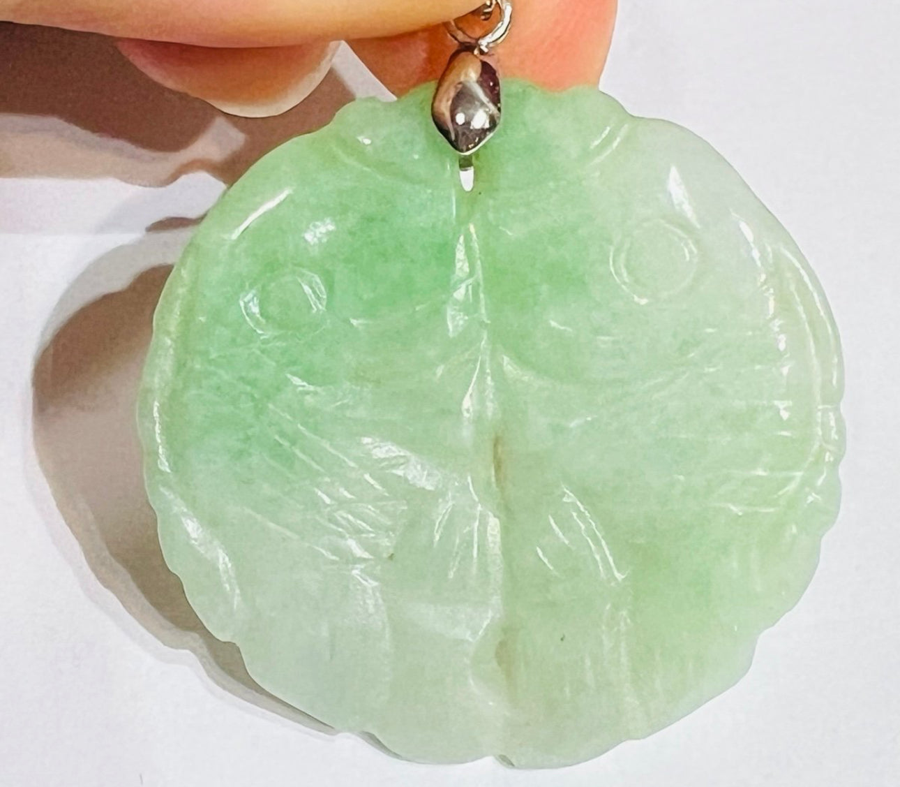 VINTAGE Owned Jadeite Green Jade Double Fish Pendant Silver Tone Bail - JazzyJewelbyAmina