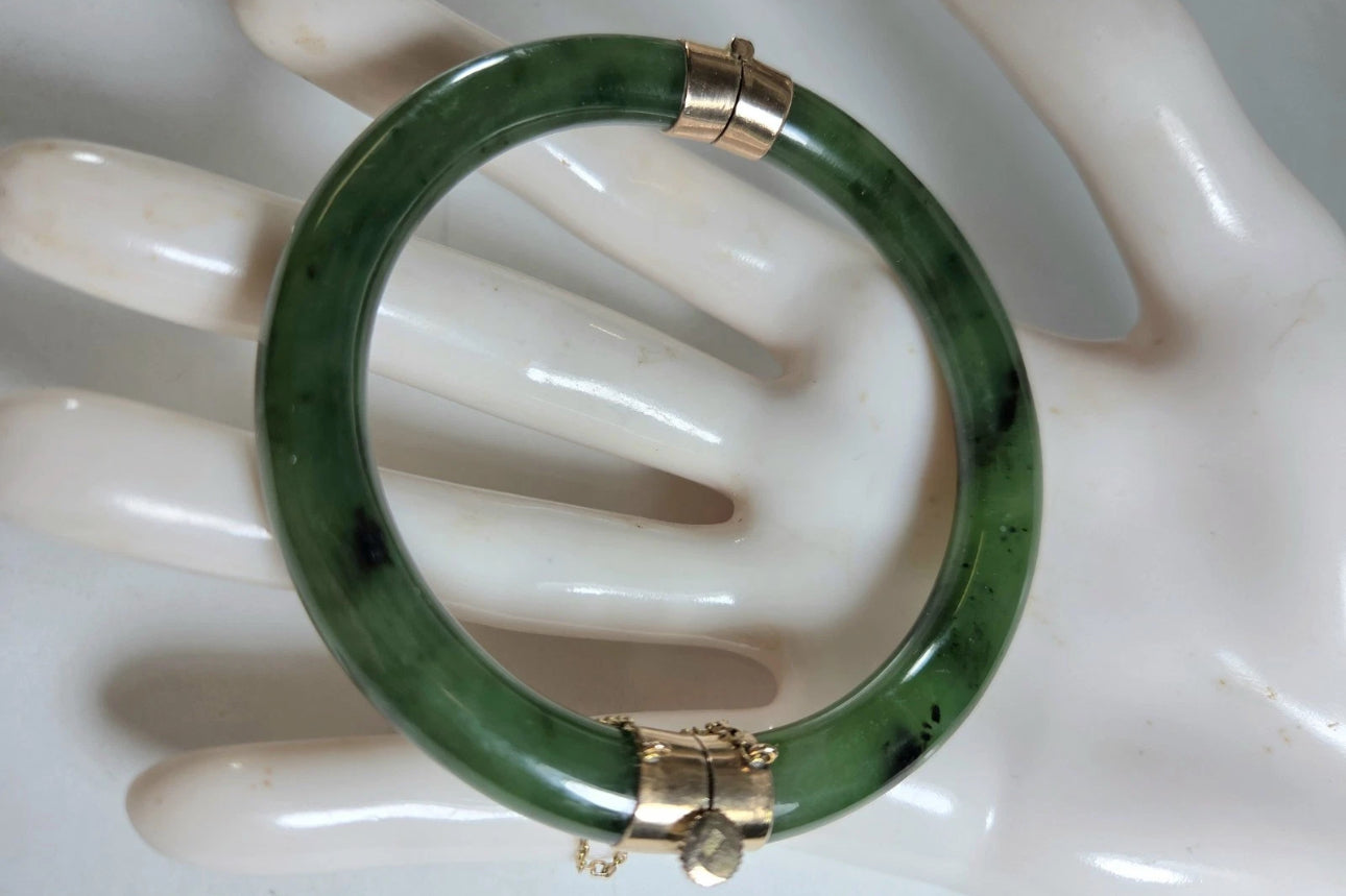 VINTAGE Owned 14K Yellow Gold Jadeite Deep Green Jade Bangle Hinged w/ Closure 7”Inner Diameter U0607 - JazzyJewelbyAmina