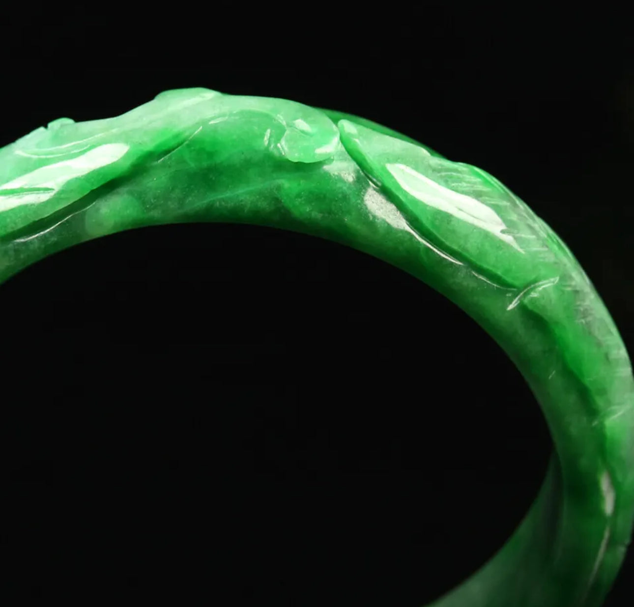 VINTAGE Large Jadeite Green Jade Bangle Hand-carved Dragon Phoenix Chinese Lunar Size 63mm M059 - JazzyJewelbyAmina