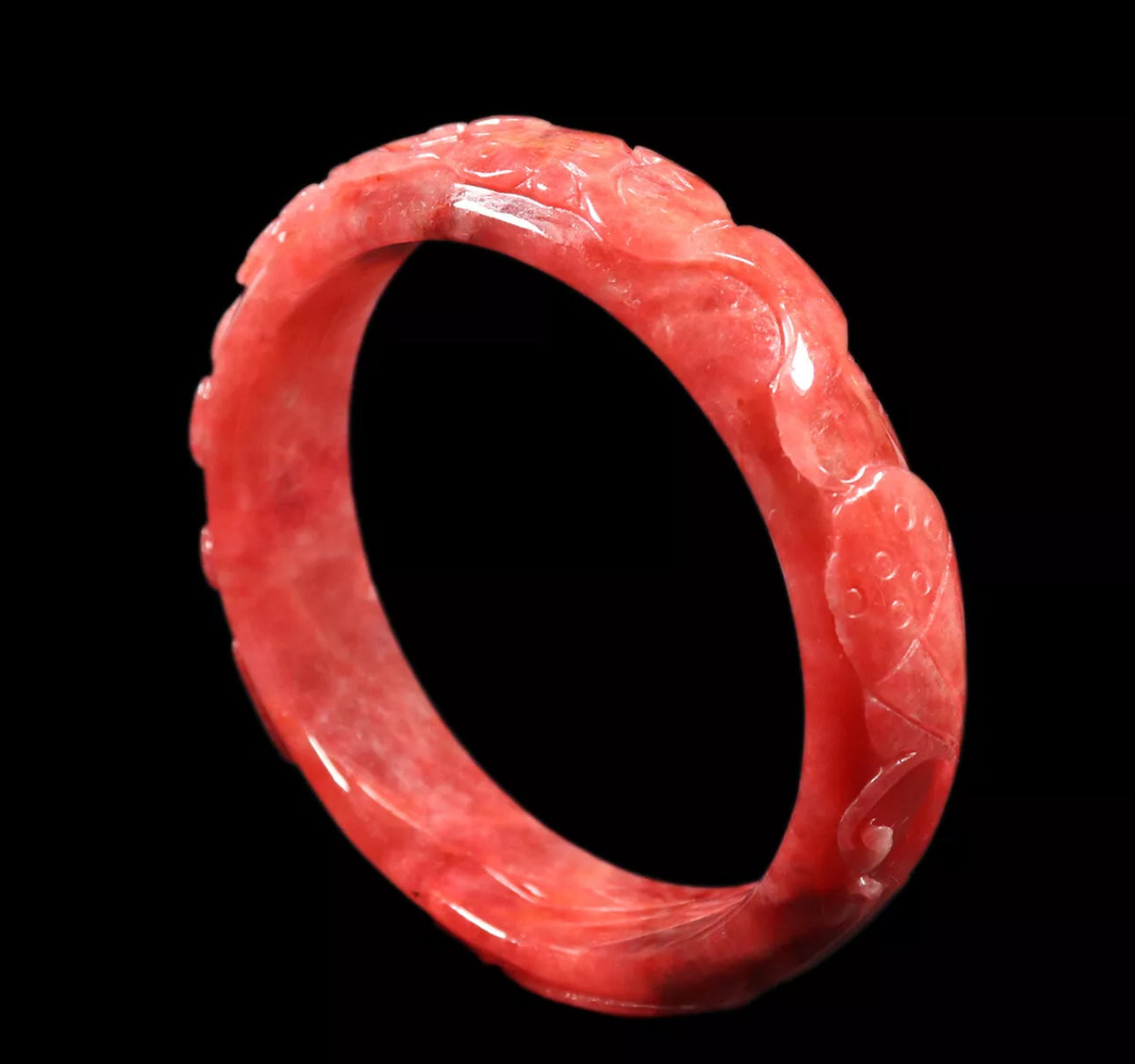 VINTAGE XL Jadeite Red Jade Bangle Size 65mm Hand Carved Ruyi Fish Lotus Flower D827 - JazzyJewelbyAmina