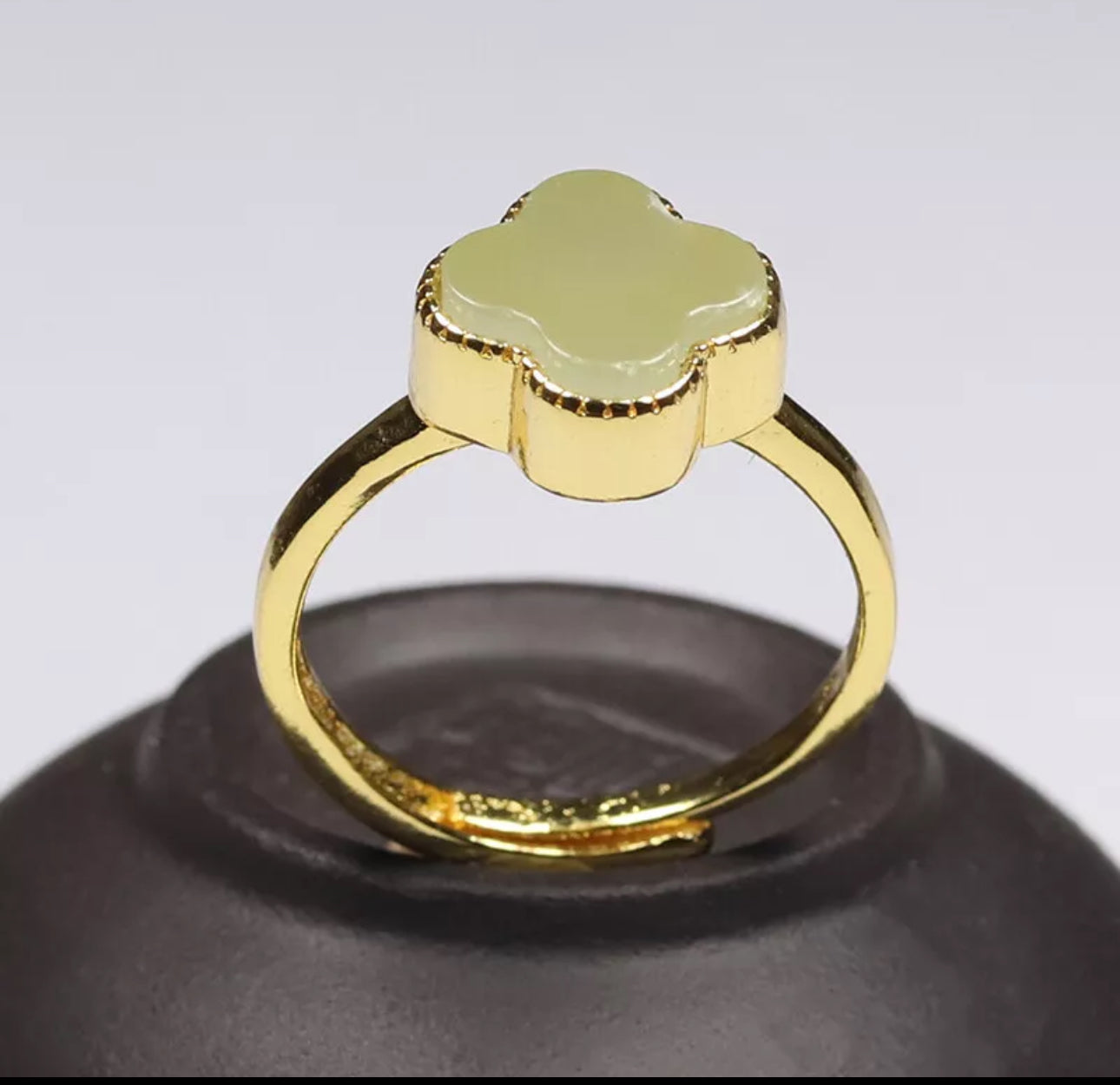 Certified Green Nephrite Jade Clover Ring Adjustable Good Plated Band - Prosperity Piece! - JazzyJewelbyAmina