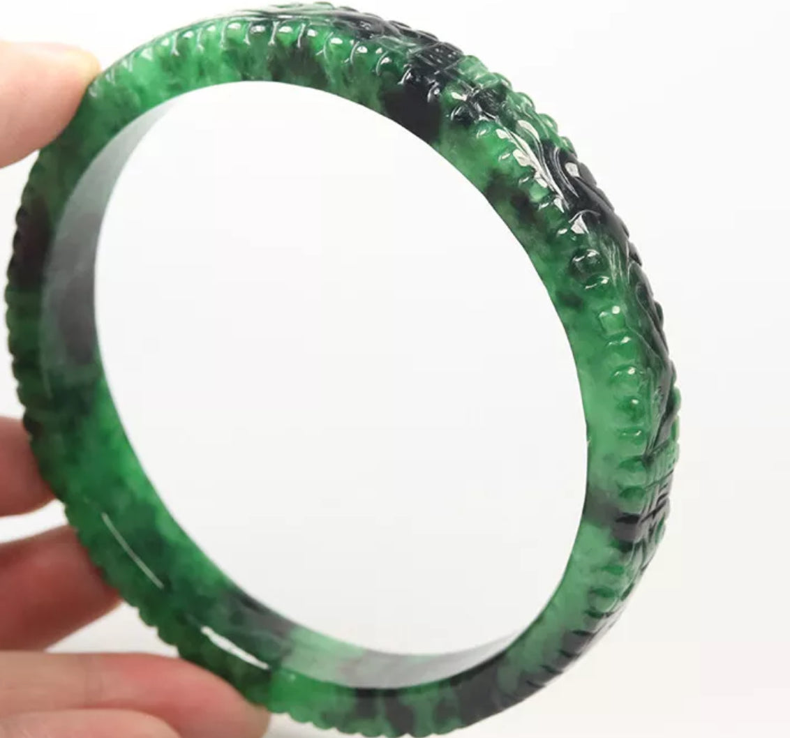 VINTAGE XXL Jadeite Green/Black Jade Bangle Size 82mm Handcarved Dragon Phoenix F451 - JazzyJewelbyAmina