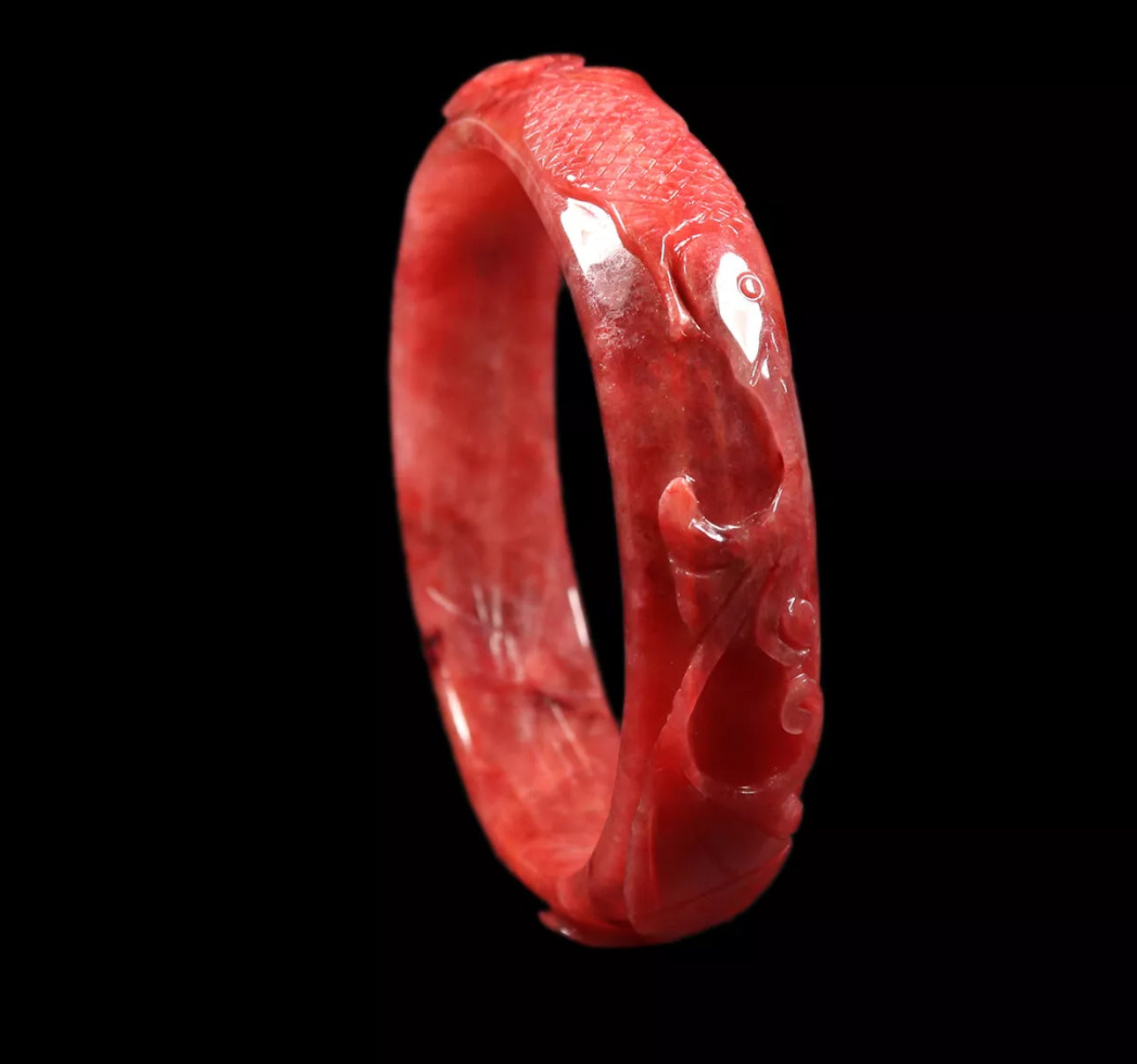 VINTAGE XL Jadeite Red Jade Bangle Size 65mm Hand Carved Ruyi Fish Lotus Flower D827 - JazzyJewelbyAmina