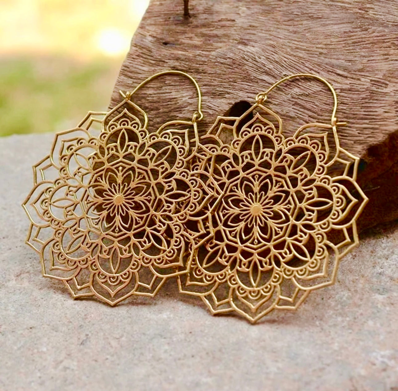 Handmade Boho Gold Brass Floral Mandala Earrings - XL Oversized - JazzyJewelbyAmina