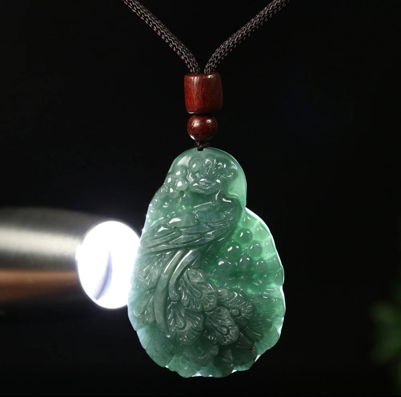 VINTAGE Certified Jadeite Green Jade Peacock Pendant w/ Adjustable Chord G270 - JazzyJewelbyAmina