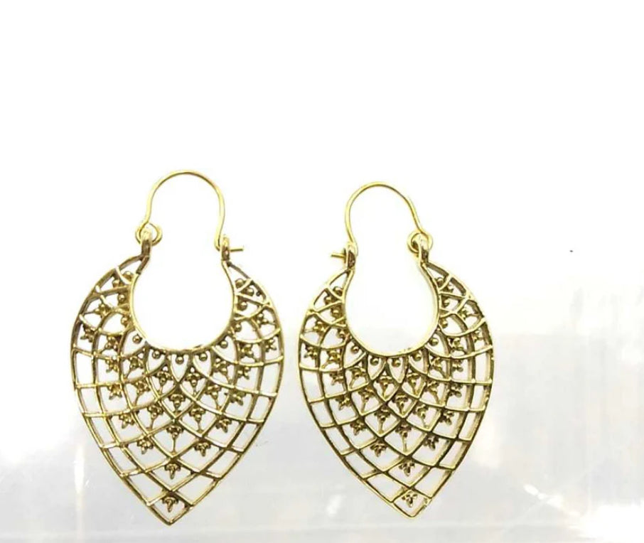 Handmade Boho Brass Tear Drop Shaped Dangle Earrings - Oversized - JazzyJewelbyAmina