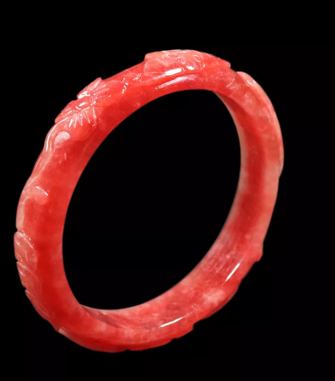 VINTAGE XL Jadeite Red Jade Bangle Handcarved FLOWER Size 65mm S631 - JazzyJewelbyAmina