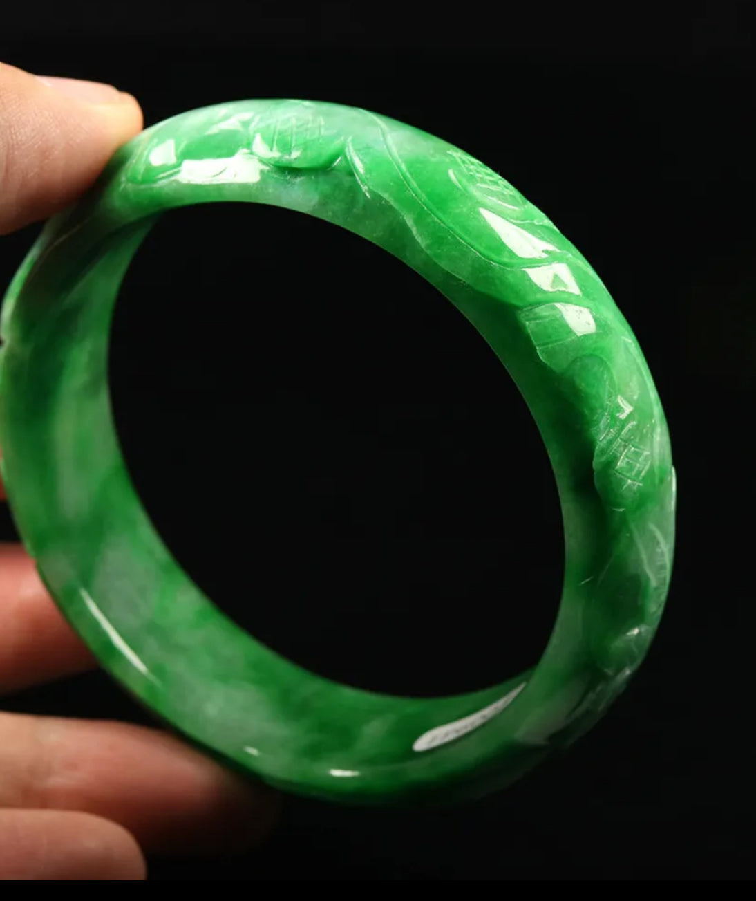VINTAGE Large Jadeite Green Jade Bangle Hand-carved Dragon Phoenix Chinese Lunar Size 63mm M059 - JazzyJewelbyAmina