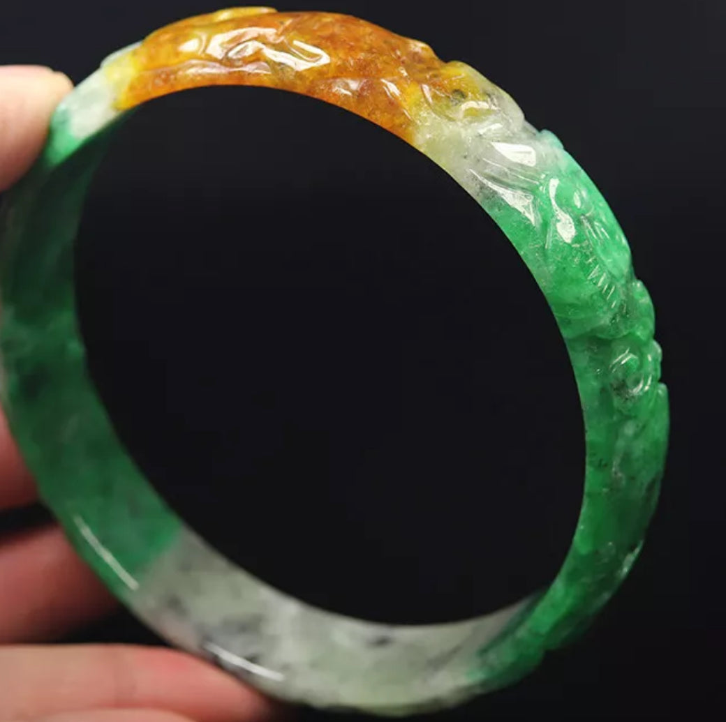 VINTAGE XXL Jadeite Green Brown Jade Handcarved Flower, Rabbit, Bird - Unique Jade Piece! Size 81mm S457 - JazzyJewelbyAmina