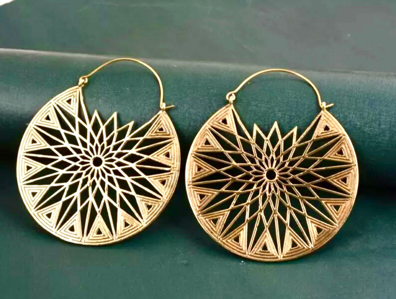 Boho Gold Brass Round Mandala Earrings Large Round - JazzyJewelbyAmina