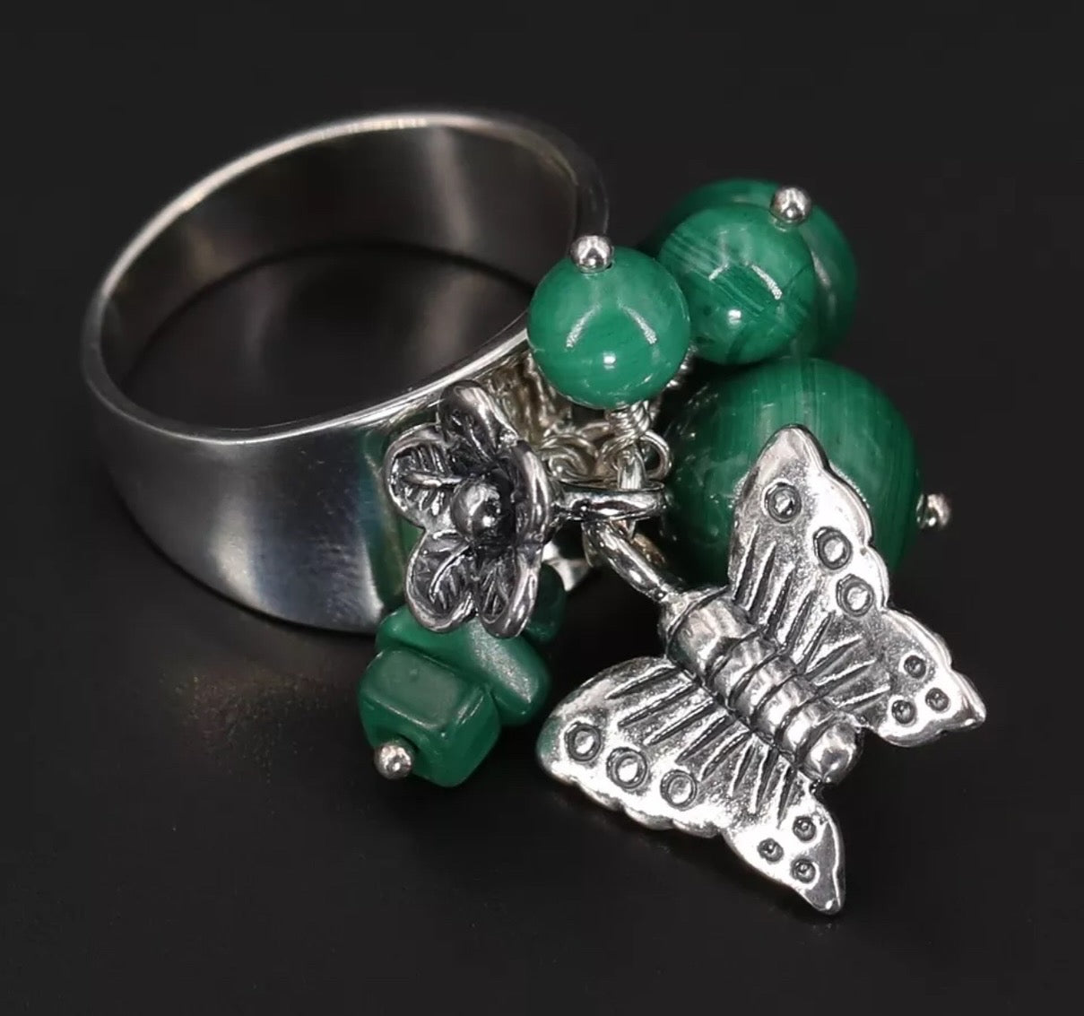 VINTAGE Sterling Silver (marked 925) Malachite Butterfly Charm Ring Size 8US - JazzyJewelbyAmina