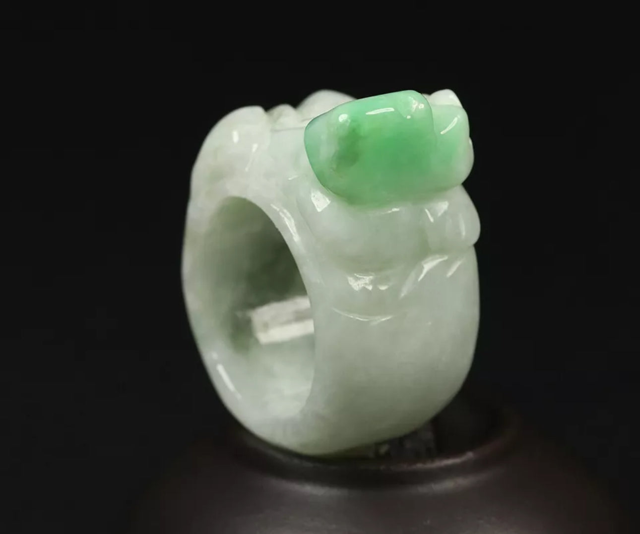 VINTAGE Medium Jadeite Green/White Jade Pixiu Certified Grade A Thumb Ring Y813 Prosperity & Protection! - JazzyJewelbyAmina