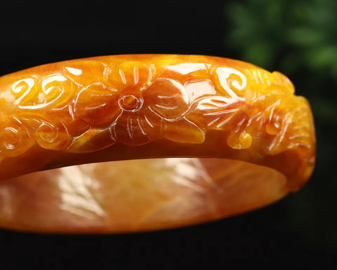 VINTAGE XXL Jadeite Yellow/Brown Jade Bangle Hand Carved Dragon Phoenix from Burma Size 68 mm M771 - JazzyJewelbyAmina
