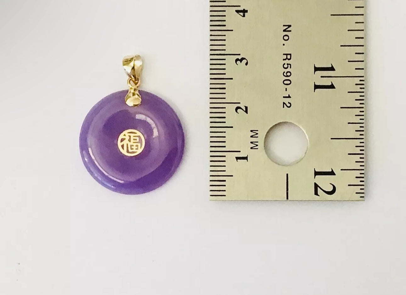 VINTAGE 14K Yellow Gold Lavender/Purple Jade Round Pi Disc Pendant - JazzyJewelbyAmina