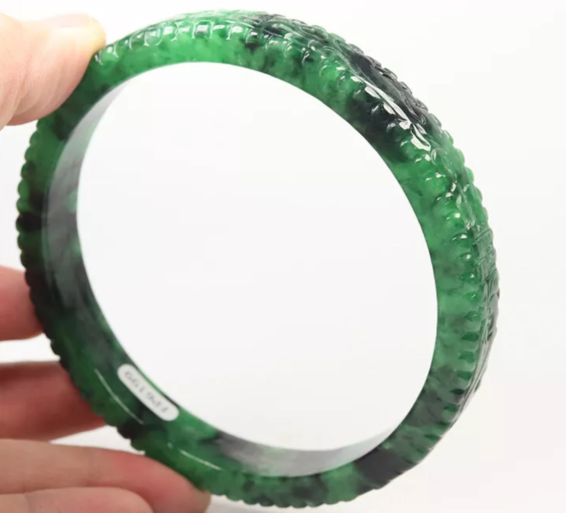 VINTAGE XXL Jadeite Green/Black Jade Bangle Size 82mm Handcarved Dragon Phoenix F451 - JazzyJewelbyAmina