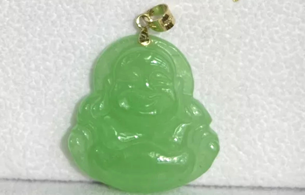 VINTAGE 14K Yellow Gold (Bail) Jadeite Green Jade Smiling Buddha for Good Luck New Year! D1230 - JazzyJewelbyAmina